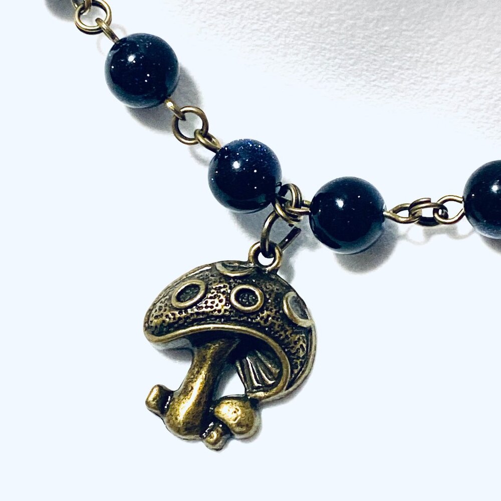 Dark Blue Goldstone Bronze Link Adjustable Short Necklace + Round Mushroom Charm